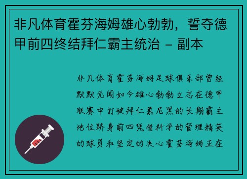 非凡体育霍芬海姆雄心勃勃，誓夺德甲前四终结拜仁霸主统治 - 副本