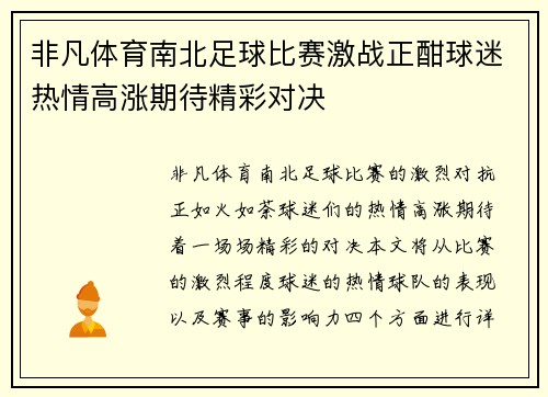 非凡体育南北足球比赛激战正酣球迷热情高涨期待精彩对决