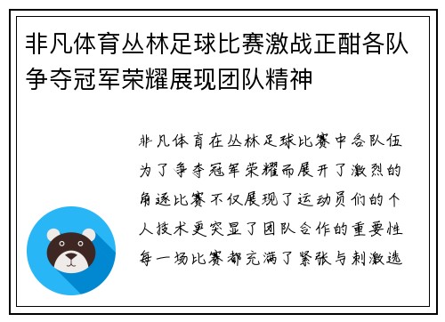 非凡体育丛林足球比赛激战正酣各队争夺冠军荣耀展现团队精神