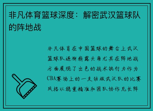 非凡体育篮球深度：解密武汉篮球队的阵地战