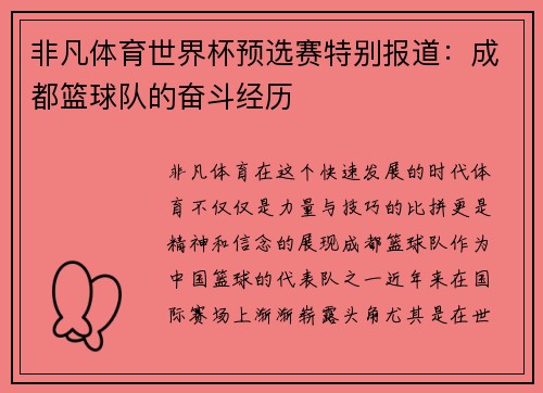 非凡体育世界杯预选赛特别报道：成都篮球队的奋斗经历