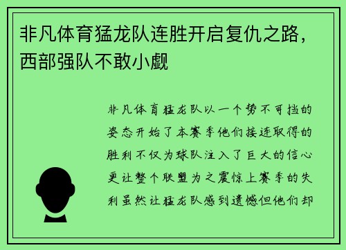 非凡体育猛龙队连胜开启复仇之路，西部强队不敢小觑