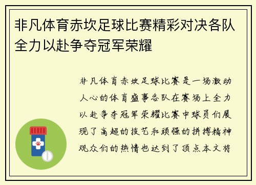 非凡体育赤坎足球比赛精彩对决各队全力以赴争夺冠军荣耀