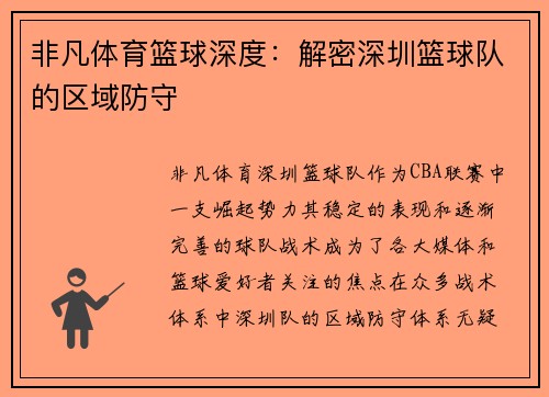非凡体育篮球深度：解密深圳篮球队的区域防守