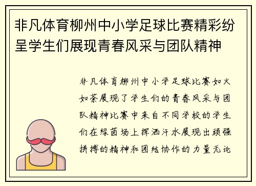 非凡体育柳州中小学足球比赛精彩纷呈学生们展现青春风采与团队精神