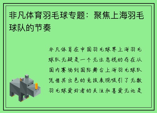 非凡体育羽毛球专题：聚焦上海羽毛球队的节奏